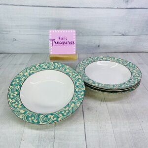 Misono PAVILLION 4856 Green Rim Tan Scroll Ceramic Oven Safe Rim Soup Bowl Set 4